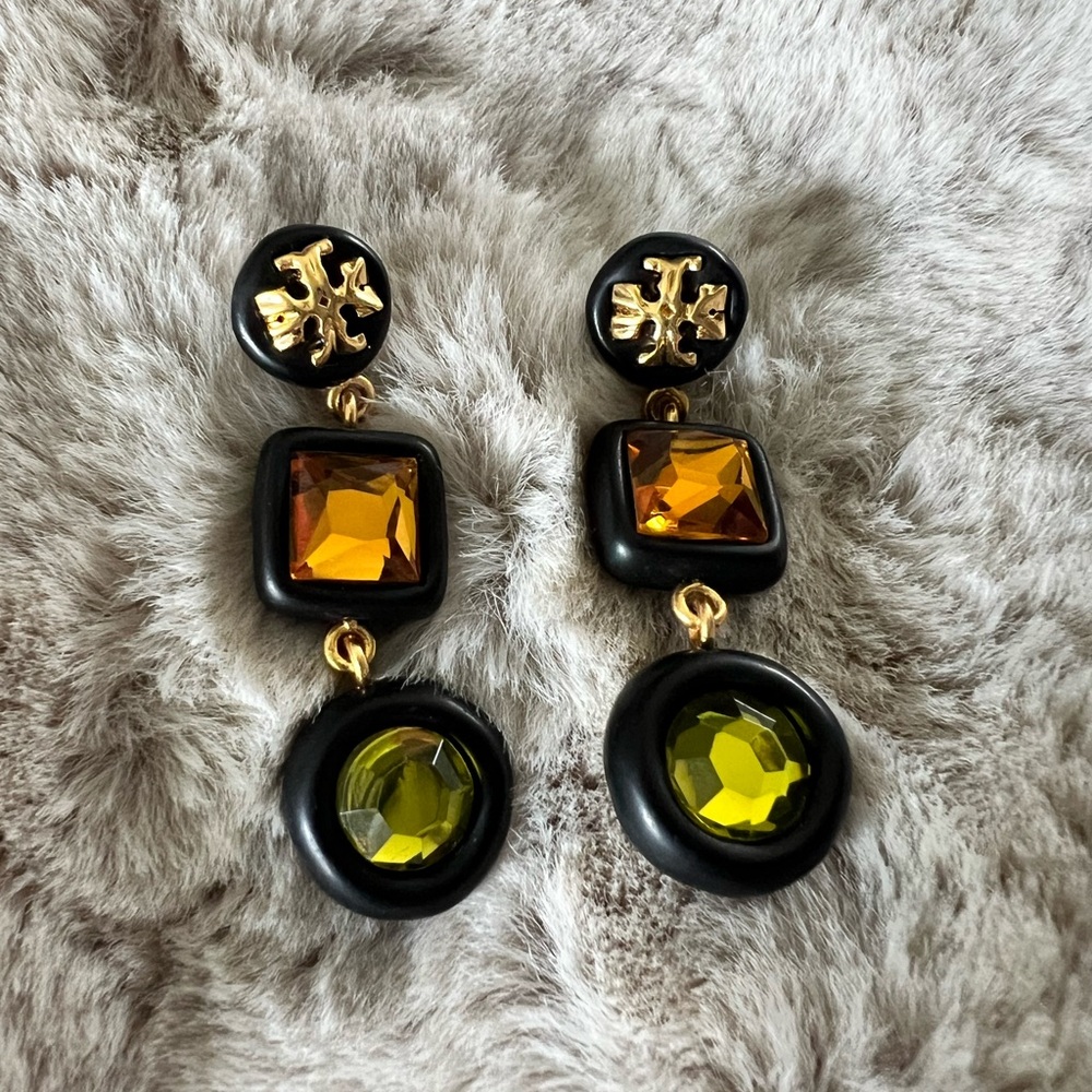 Tory Burch Jewel Tone Statement Dangle Earrings NWOT Black Gold